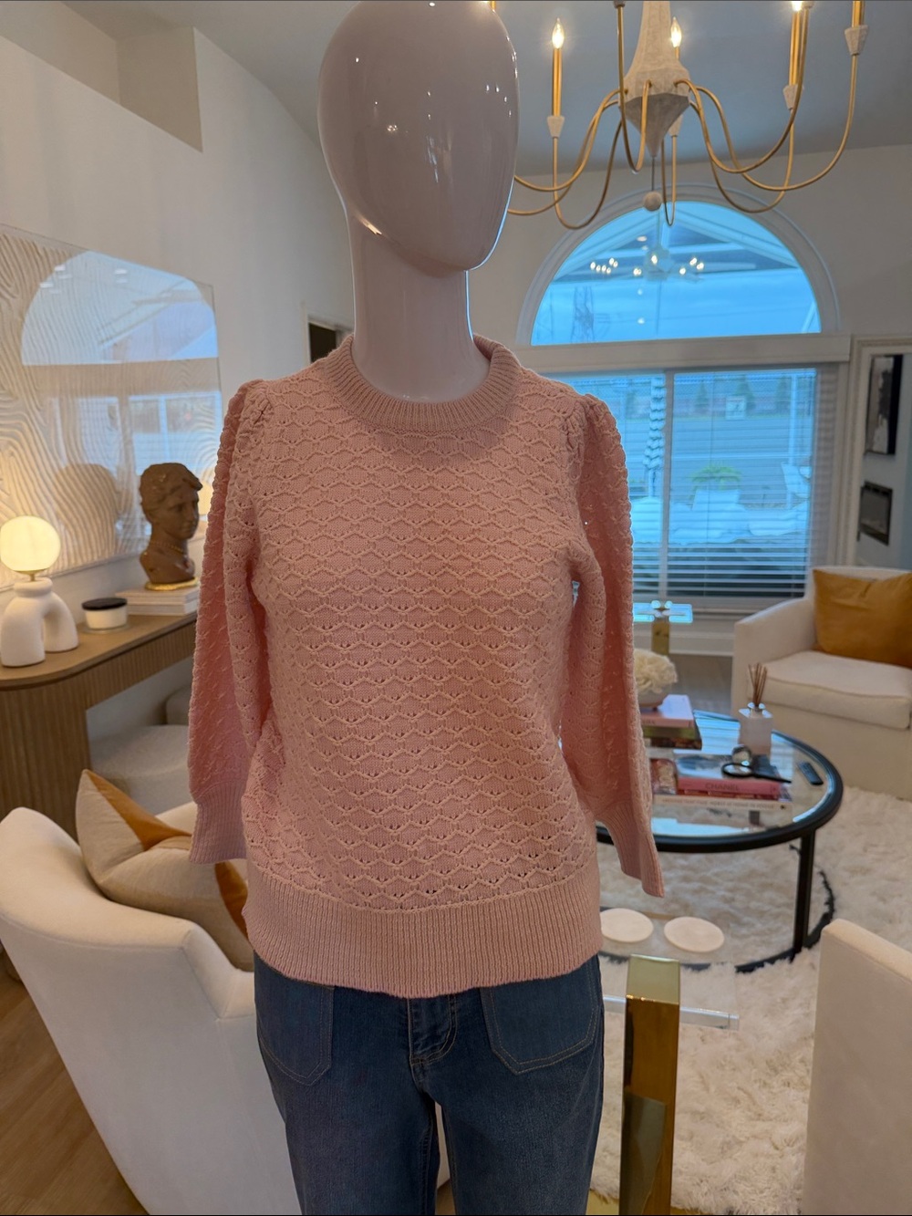 Vero Moda Pale Pink Textured Puff-Sleeve Crewneck Sweater